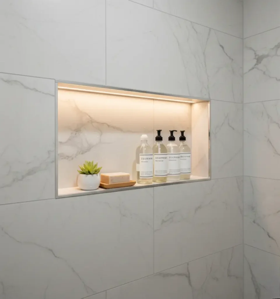 Shampoo bottles or decor tucked inside the wall, flush with the surface.