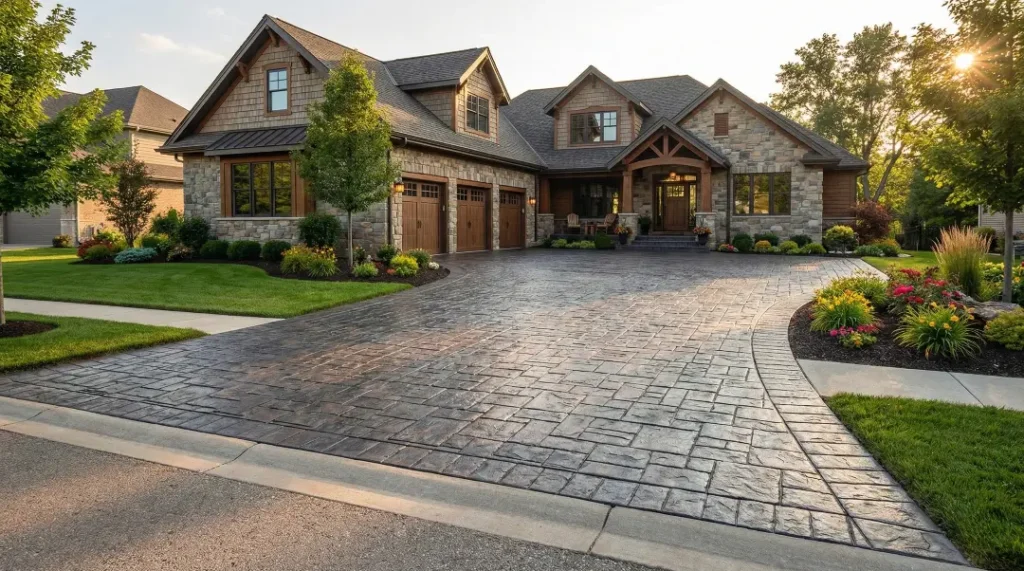 Use a wide-angle shot of a beautiful home featuring the stamped concrete driveway to showcase how it dramatically boosts curb appeal.