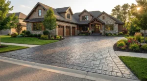 Use a wide-angle shot of a beautiful home featuring the stamped concrete driveway to showcase how it dramatically boosts curb appeal.