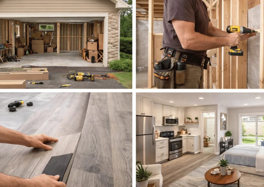 Home remodeling process showing garage conversion, framing work, flooring installation, and finished living space by Pacific Coast Developers.