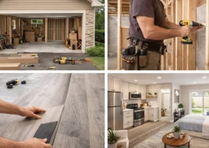 Home remodeling process showing garage conversion, framing work, flooring installation, and finished living space by Pacific Coast Developers.