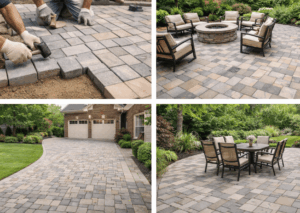 Installation and finished views of interlocking paver patios and driveways.