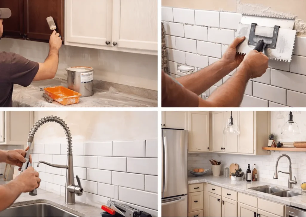 Kitchen renovation work including cabinet painting, tile backsplash installation, faucet replacement, and completed kitchen by Pacific Coast Developers.